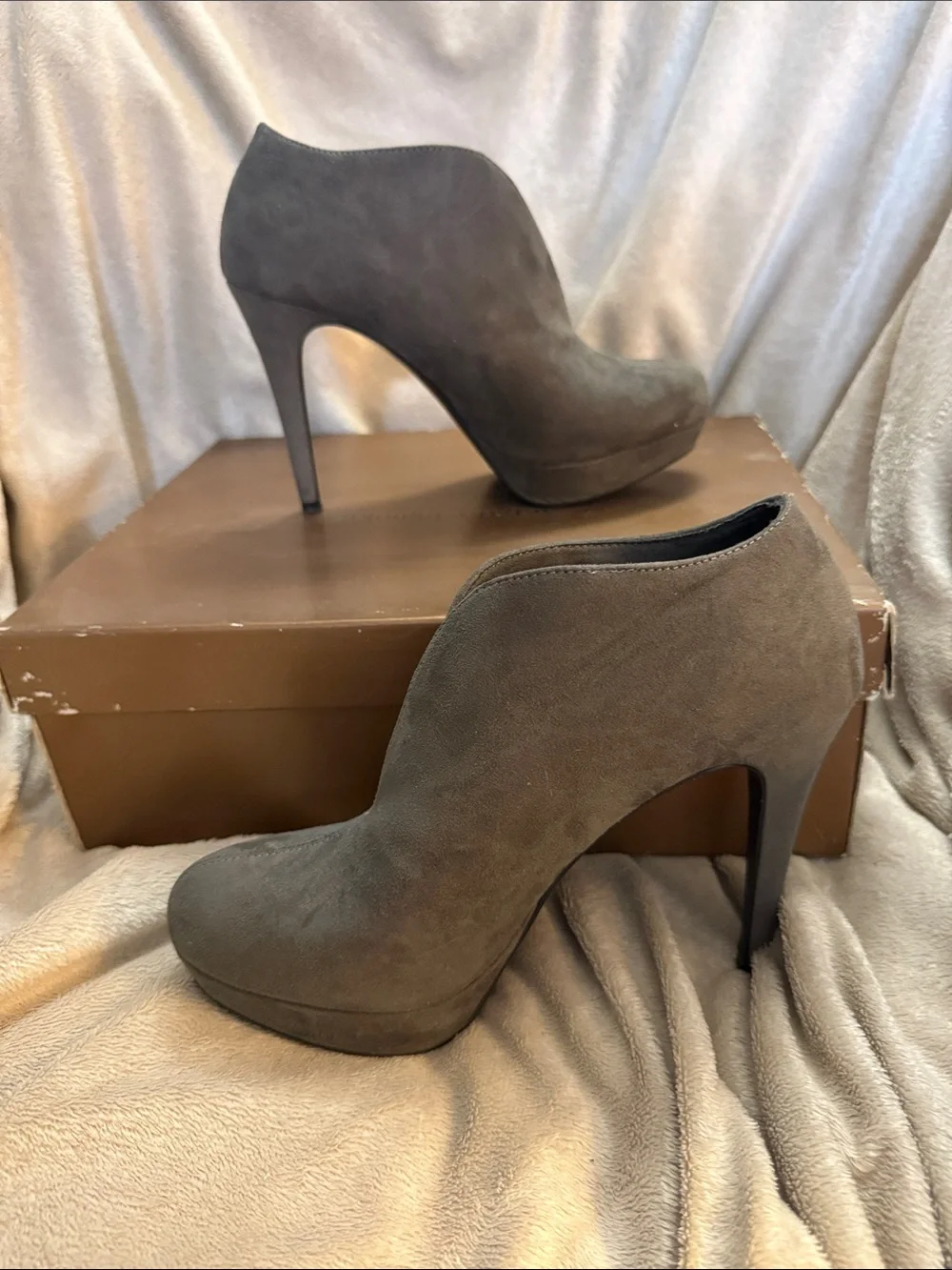 Audrey Brooke Gray Suede V-Cut Ankle Booties